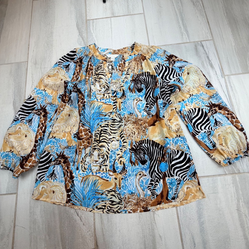 HTF Lilly Pulitzer Elsa Breezy Aqua Lillys Zoo Animal Print Silk Blouse XL NEW